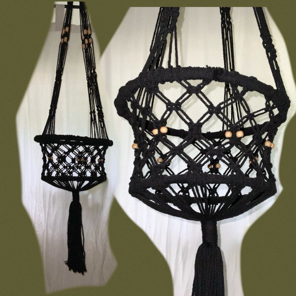 vintage black macrame hanging planter‎ wooden beads